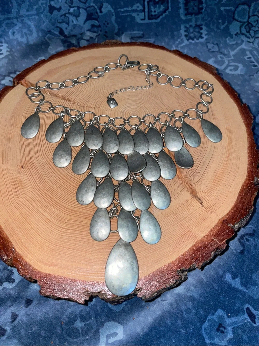 Vintage 1990s Chaps Ralph Lauren Silver Hammered Teardrop Waterfall Bib Necklac